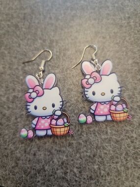 Hello Kitty Pink White Bunny Earrings with Easter Basket